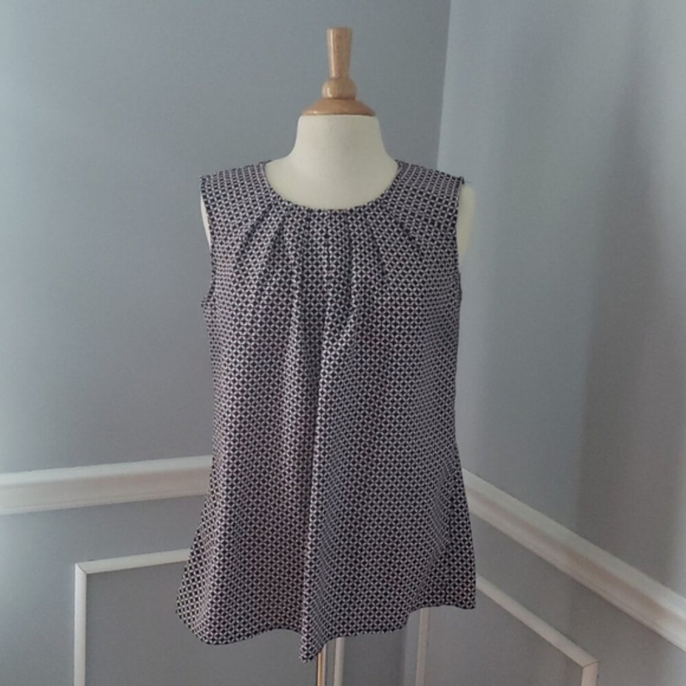 MERONA Navy Blue Pink Geometric Ruched Scoop Neck Office‎ Sleeveless Shell Top L